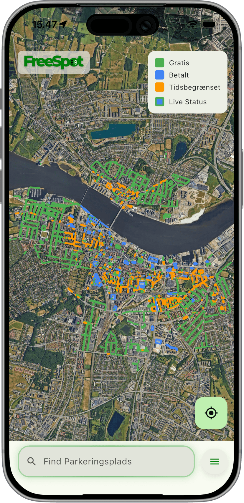 FreeSpot app med parkeringskort og overblik over parkeringsmuligheder