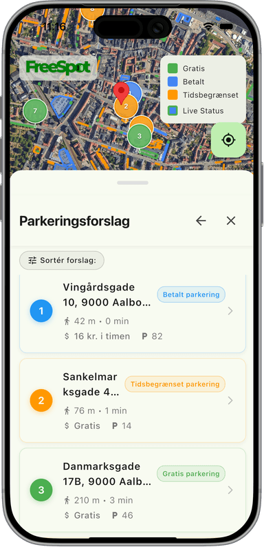 FreeSpot app screenshot - parkeringsforslag med priser og tilgængelighed. Viser smart søgning efter parkeringspladser i Aalborg med afstand, pris og antal ledige pladser