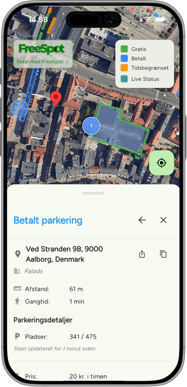 FreeSpot app screenshot showing parking near Jomfru Ane Gade