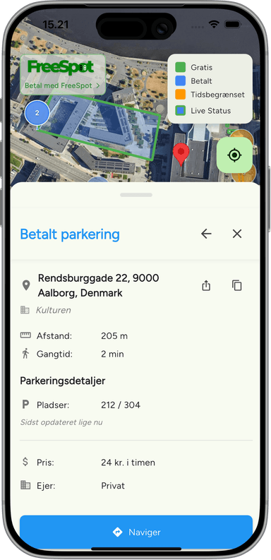 FreeSpot app screenshot showing parking near Musikkens Hus