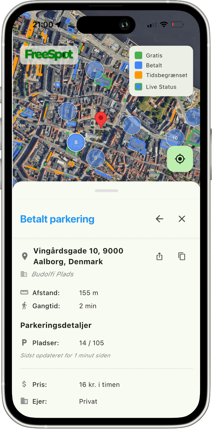FreeSpot skærmbillede – Budolfi Plads parkering, 2 min fra Julemarkedet