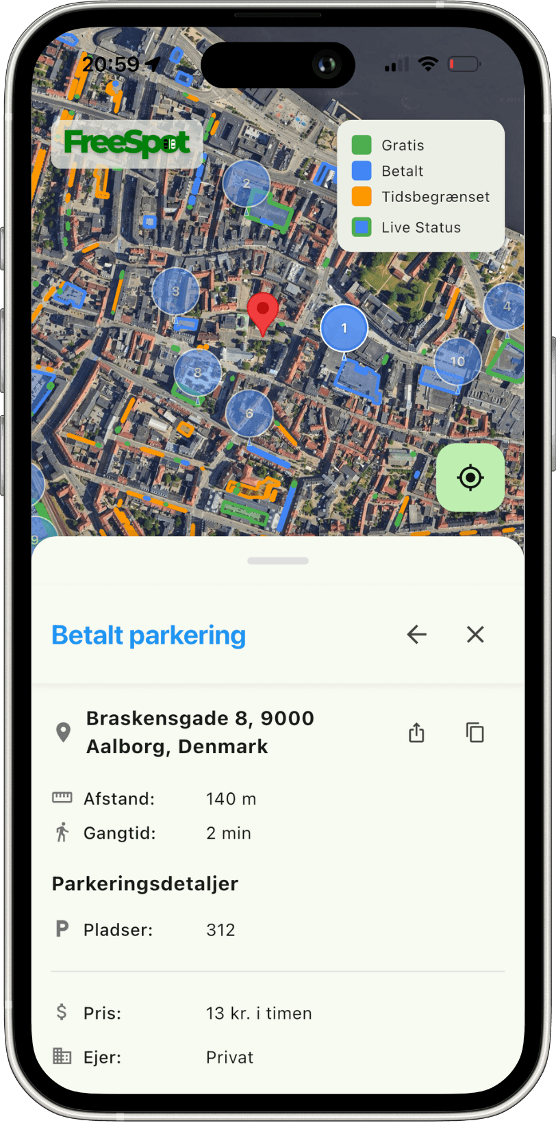 FreeSpot skærmbillede – Føtex Braskensgade parkering, 2 min fra Julemarkedet
