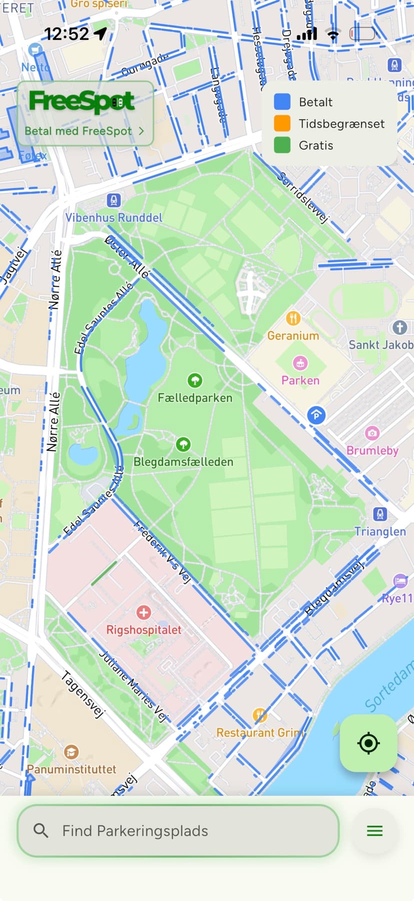 FreeSpot-kort over Fælledparken, Parken, Trianglen og Vibenshus Runddel