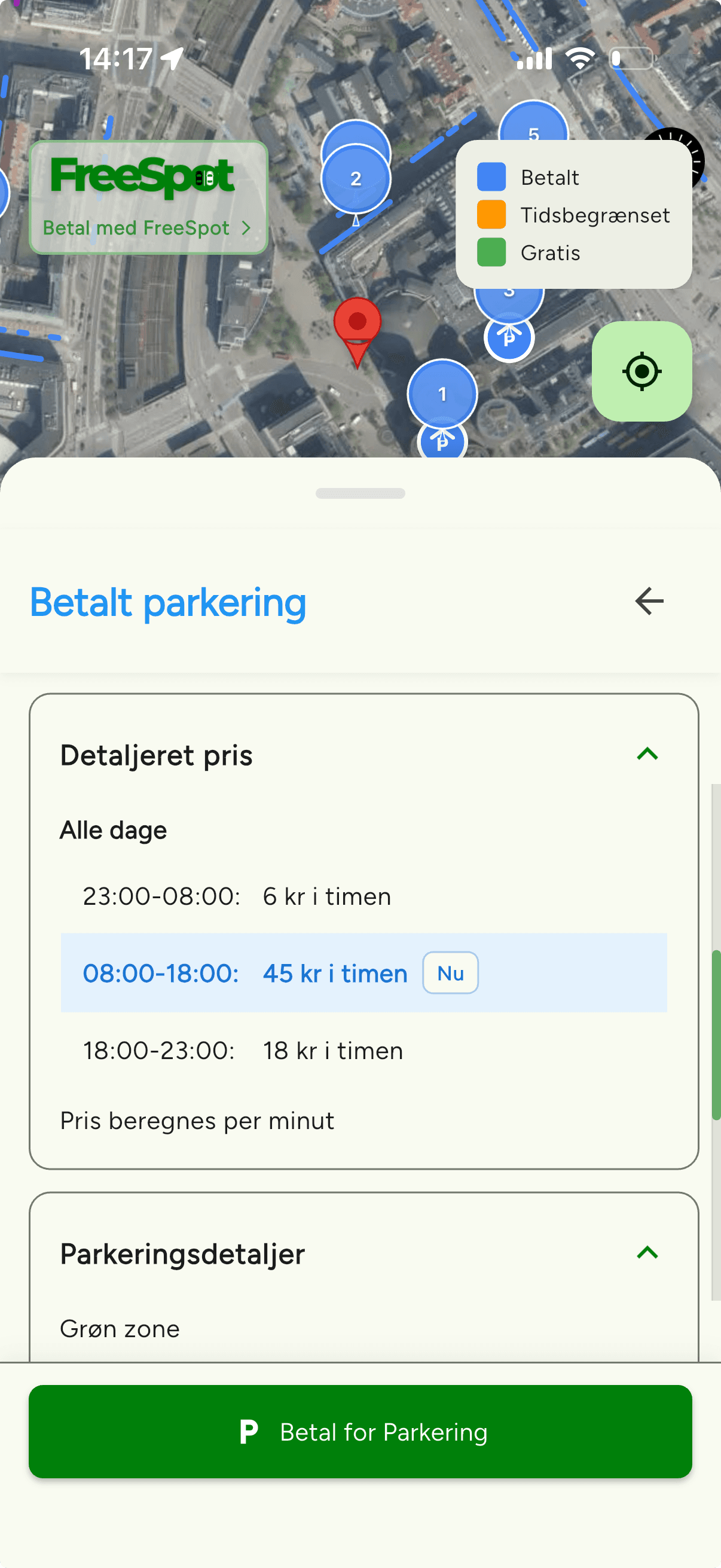 Prisoversigt i FreeSpot: 6 kr. i timen om natten, 45 kr. om dagen, 18 kr. om aftenen